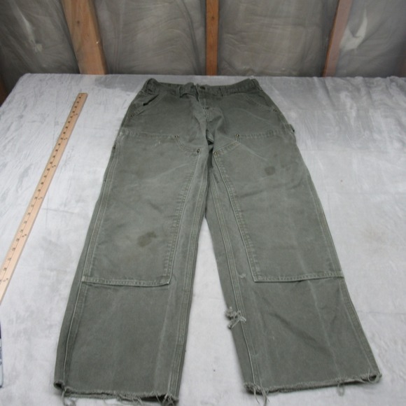 Carhartt Pants Mens 30x24 Green Double Knee Utility Distressed Raw Hem B136 VTG